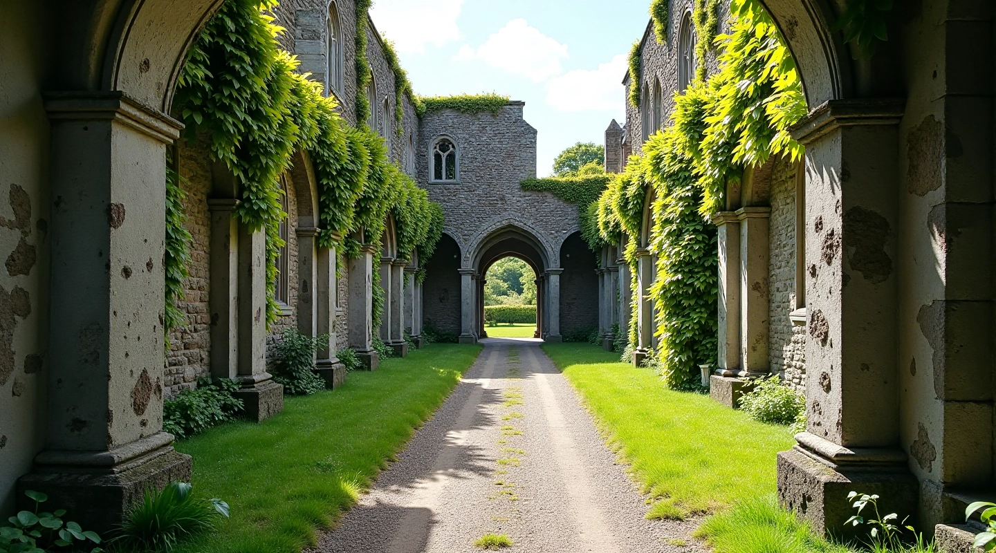 Historic stone ruins of Ennis Friary with weathered walls and archways covered in ivy