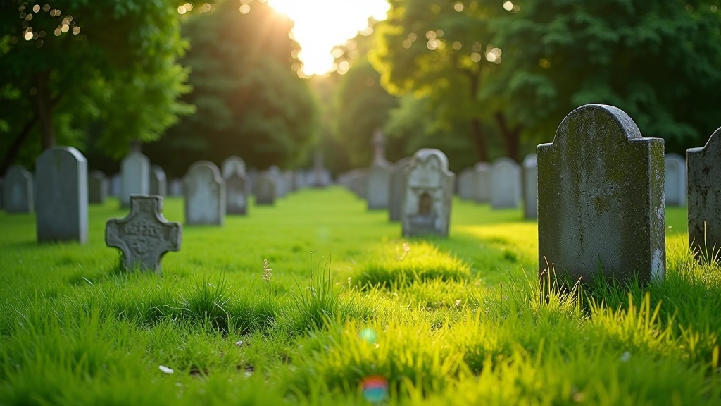 Historic gravestones and memorial slabs scattered across grassy burial ground with weathered inscriptions
