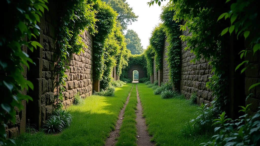 Footpath winding through ancient stone ruins overgrown with climbing ivy, morning light filtering through, peaceful rural setting