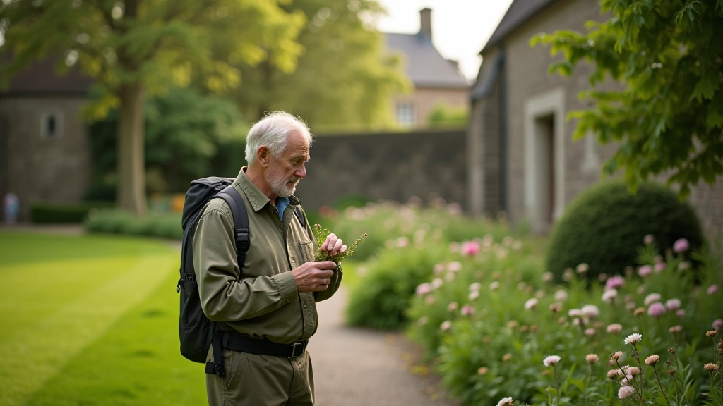 Person examining herb plants closely, touching leaves, medieval stone friary structure behind, peaceful garden exploration