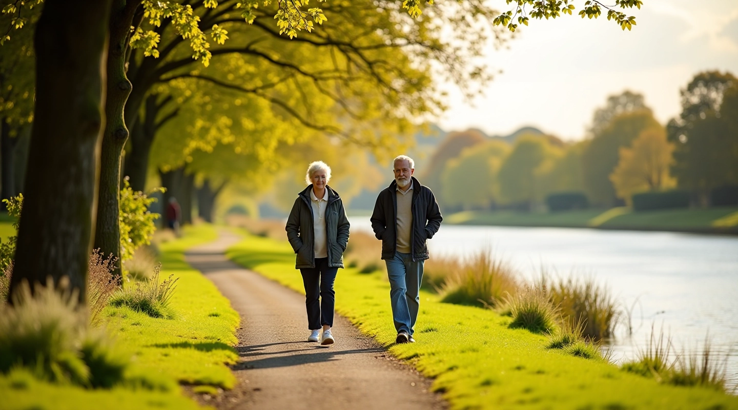 Retirees enjoying a riverside walking path with natural landscape