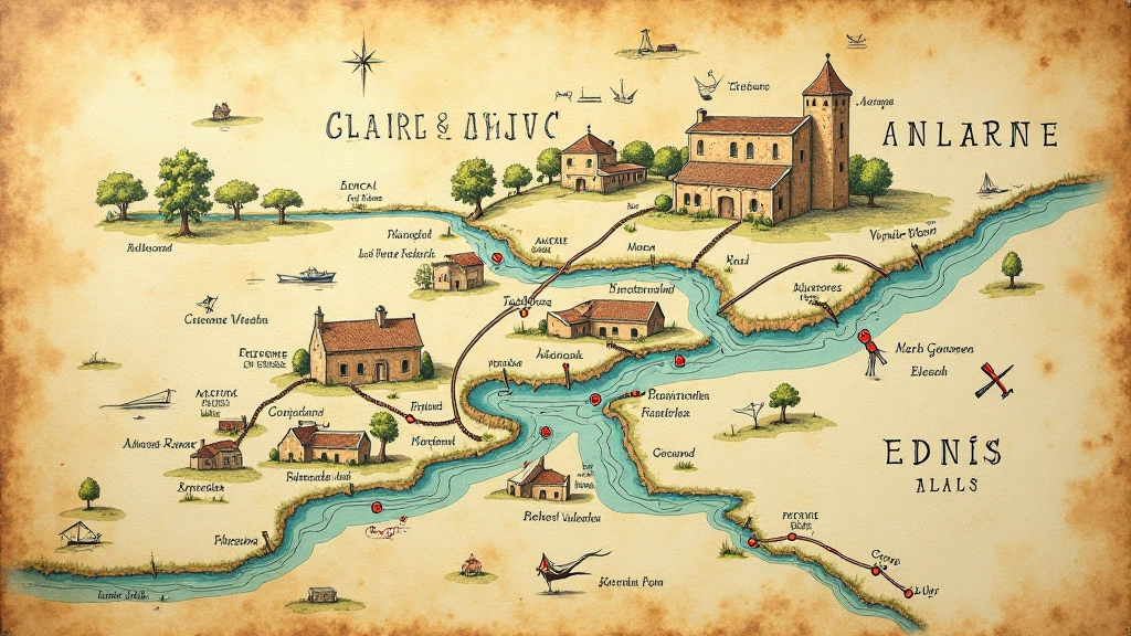 Vintage map showing Clare region with historic sites and walking routes marked clearly